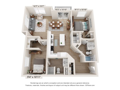 Floor plan for 2 beds, 2 baths, 1131 sqft
